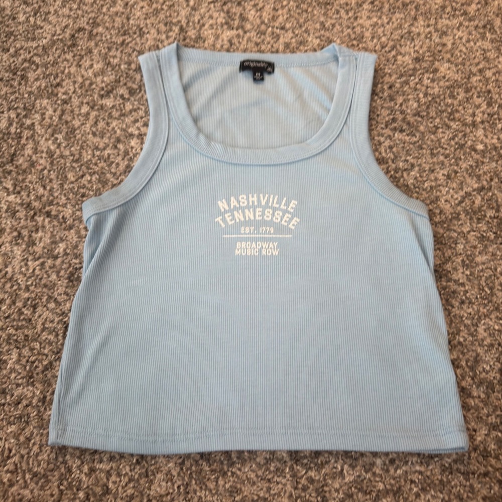 Originality Nashville Tennessee Graphic Tank Top Light Blue Ribbed Crop Top M